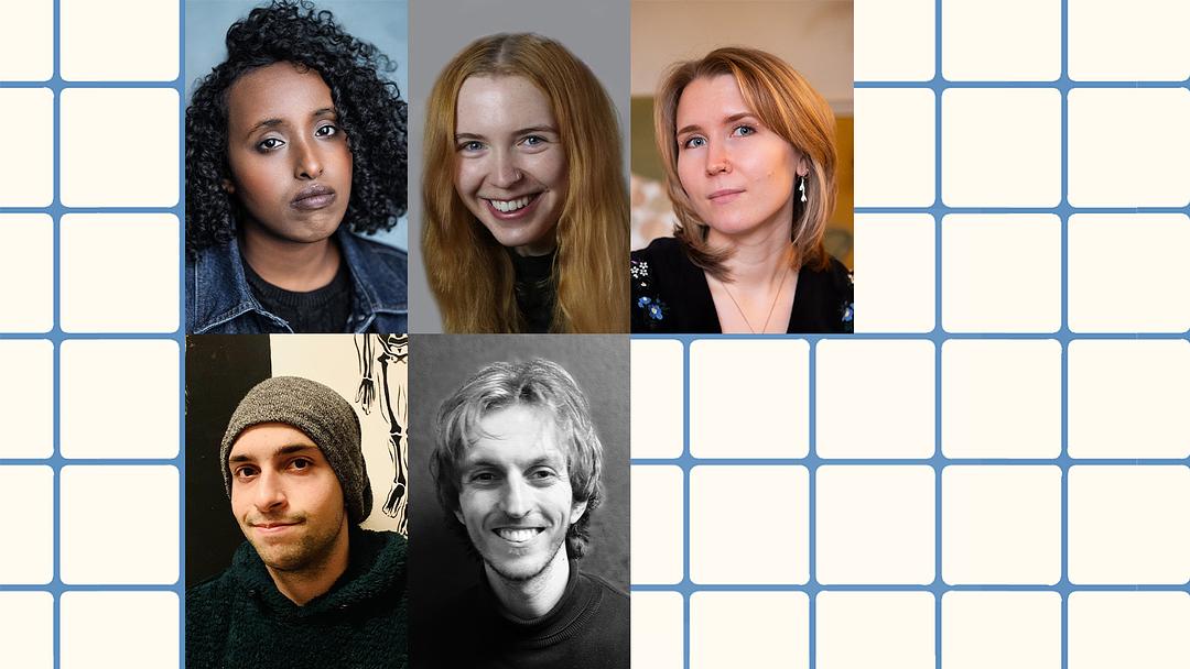 A grid of portraits of five different people against a cream and blue-lined background. Top-left shows a Black woman with dark hair, wearing a denim jacket; top-middle is a smiling white woman with long hair; top-right is a white woman with short blonde hair smiling softly. Bottom-left is a man wearing a beanie, with a skeleton graphic in the background; bottom-right is a black and white image of a white man smiling, wearing a turtleneck.