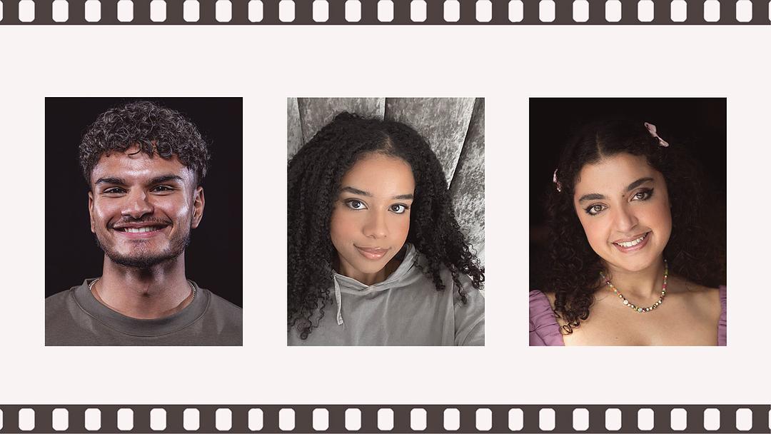 Portraits of three smiling people, framed by a film strip. The first is a young man with dark curly hair, a slight beard; the second is a young woman with long, curly hair, smiling softly; the third is a young woman with bows in her dark curly hair.