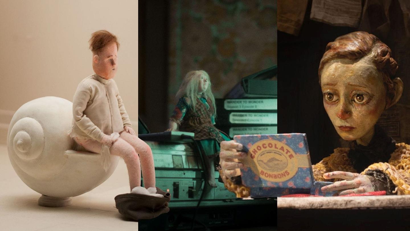 Stills from stop-motion animated shorts. On the left, a boy sat on a white snail shell; in the middle, a doll-like figure sat on a VHS player next to a stack of tapes; and on the right, a woman opening a box of chocolates.