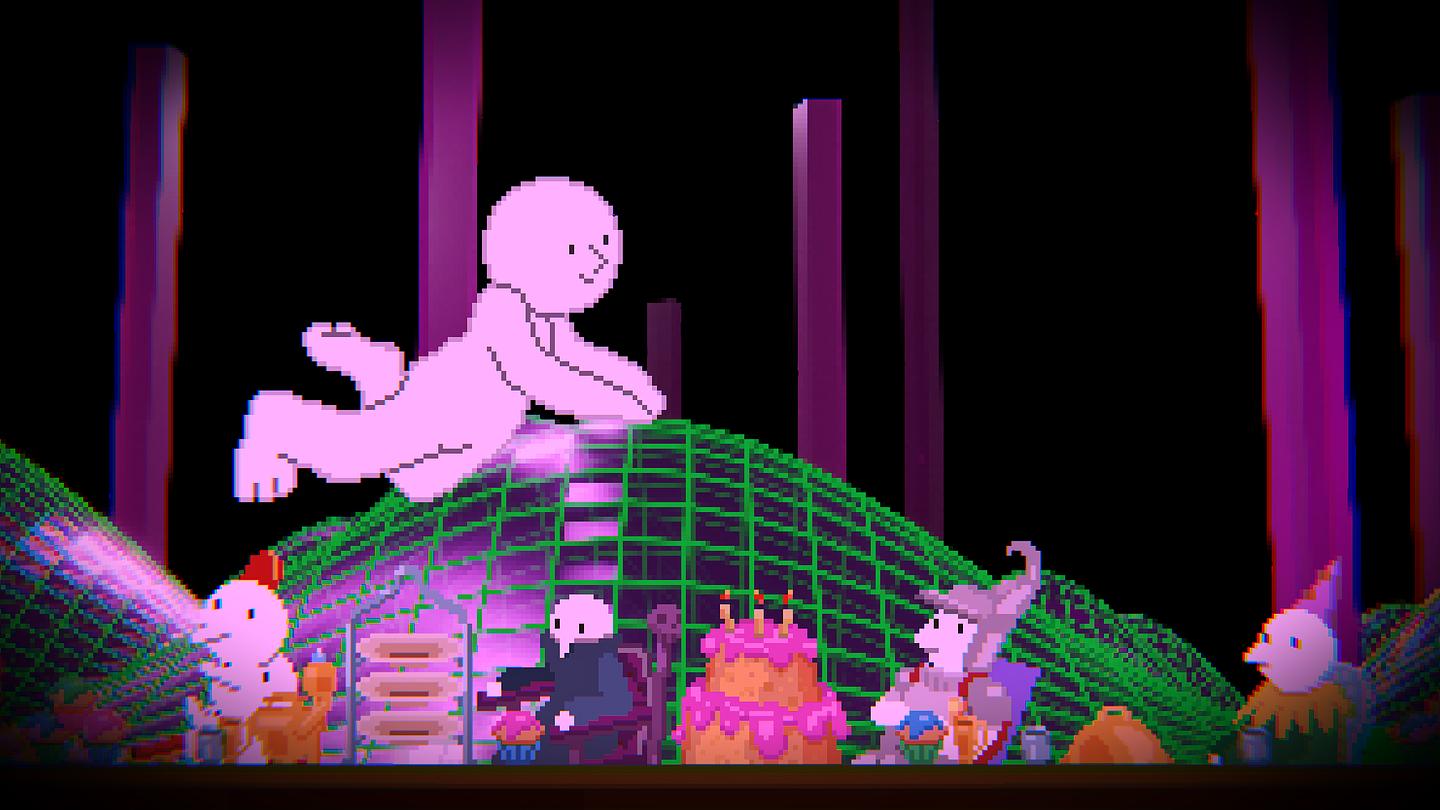 Still from Cuties (2021) is a pixel, dreamlike scene with a pink figure positioned over a green grid-like structure, with smaller figures and a cake with candles below.