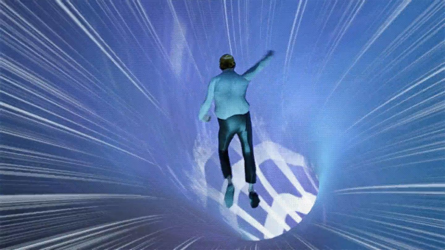 Still from Into the Betaverse: Dave’s avatar is sucked into a portal to the Betaverse world